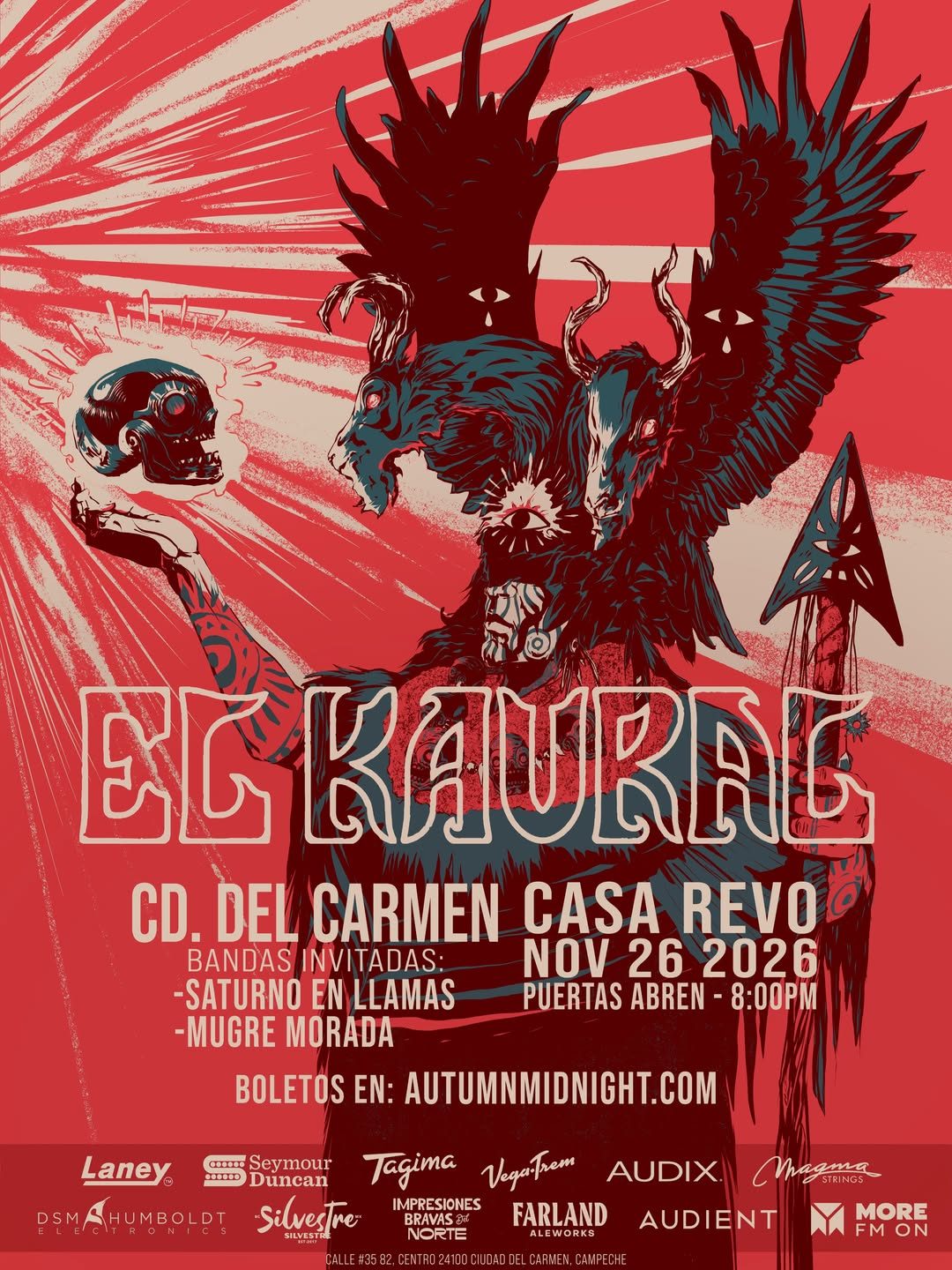 Flyer de El Kaural en Casa Revo, 26 de noviembre de 2026, con Saturno en Llamas y Mugre Morada; puertas a las 8:00 p. m.